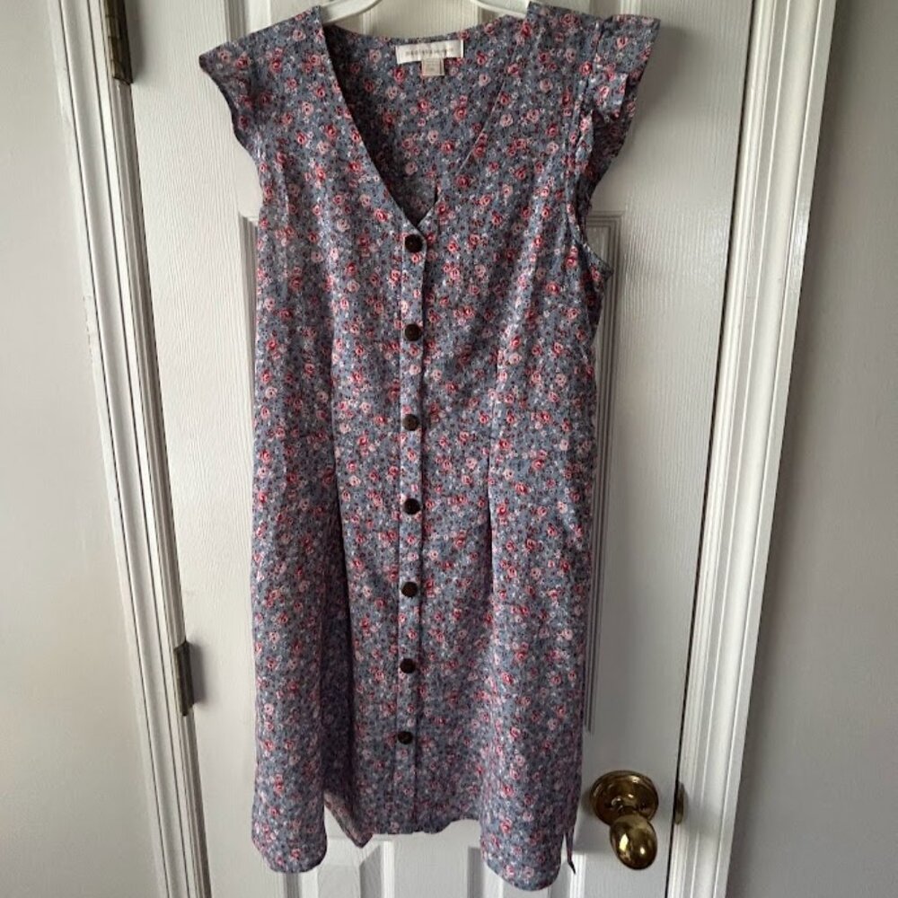 Vintage Style Blue Pink Red Floral Button-Up Short Dress w/ Tie Size M Medium
